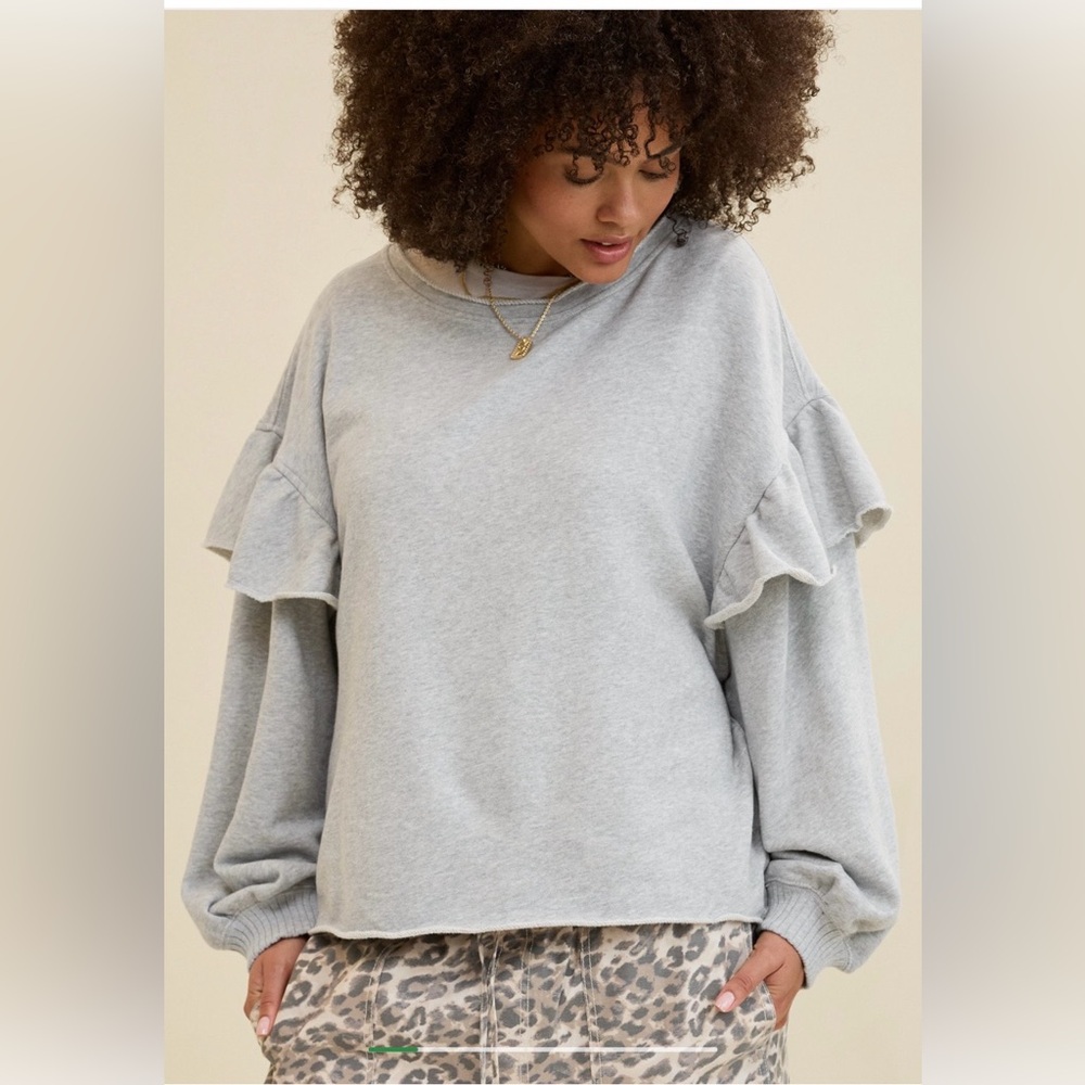 AERIE NWT 2025 Ruffle Shoulder Puff Sleeve Sweatshirt Raw Hem Lounge Boxy Fit